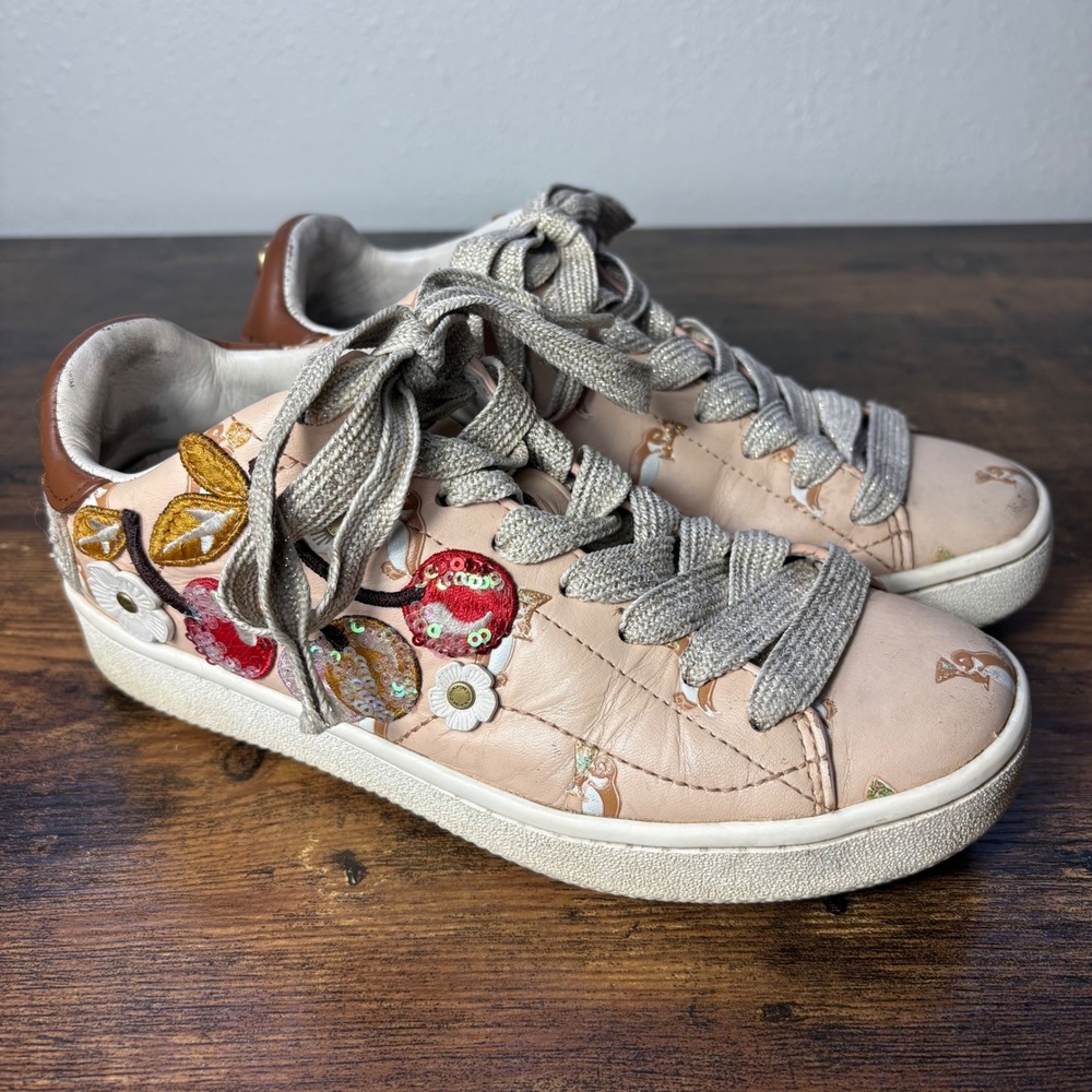 Coach C101 Pink Leather Penguin Print Sequin Cherry Embellished Sneakers 5.5